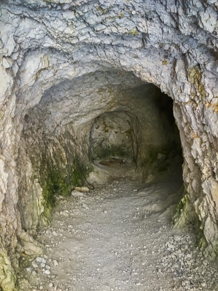 Entrance into tunnel of Dolomites Falzarego Pass