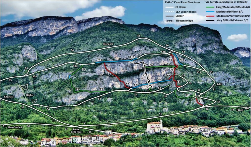 Map of the various paths of the "Anguane Rings" Via Ferrata Park